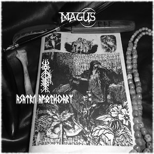 May include: Black and white image of a book with the title "ASATRU APOTHECARY" and the word "MAGUS" printed on the cover. The book features a drawing of a bearded man with a long white beard, holding a book in his hand. The book is surrounded by a variety of plants and flowers.