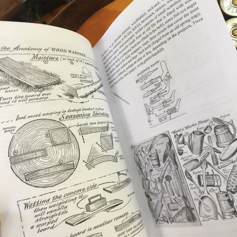 May include: A black and white illustration of a crooked knife with a wooden handle. The illustration is from a book about woodworking and includes text about the anatomy of wood warpage and seasoning shrinkage.