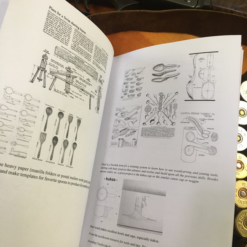 May include: A black and white illustration of a wooden spoon carving project. The image shows the steps involved in carving a spoon from a piece of wood. The text "Wooden Spoons "Hidden" in Trees" is included in the image.