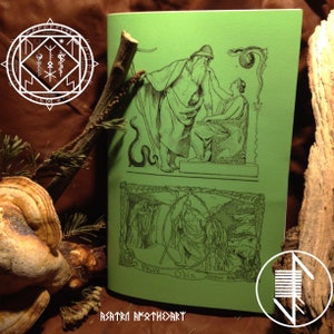 May include: A green book with a black and white illustration of a man and a woman on the front cover. The book is titled "Volve Odin" and has the text "Asatru Apothecary" on the bottom.