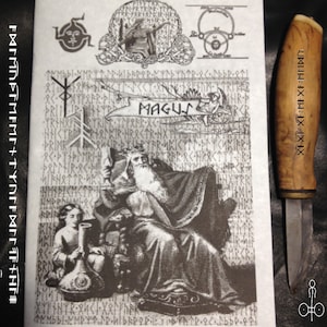 May include: A black and white illustration of a man with a long beard and crown sitting on a throne. He is holding a scroll in his left hand and a staff in his right hand. A young person is sitting on a stool to the left of the throne. The illustration is surrounded by a border of runes. The text "MAGUS" is written in a banner above the throne.