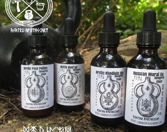 May include: Four 2 oz bottles of spagyric elixirs with labels featuring black and white illustrations of a stylized tree and the text "Bear and Peek Cult". The bottles are labeled with the names "Nordic Pine Pollen", "Nettle Root 5x", "Arclic Rhodiola 10x", and "Russian Maral 5x".