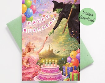Wicked Birthday Card, Glinda & Elphaba, Printable PDF (Instant Download Card)