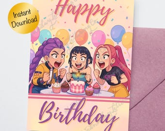 K-Pop demonenjagers gelukkige verjaardagskaart, Huntrix-verjaardag, afdrukbare KPop-verjaardagskaart, Rumi B-Day-kaart, kaart Instant Download