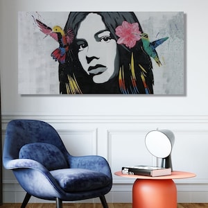 Woman portrait with flowers Street Art Graffiti, Extra-large Wall Metal Art Print for Living room, Loft