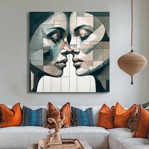 Abstract Modern Extra Large Square Wall Metal Art Print, Couple in Love Art for Bedroom, Living Room, Loft, Office