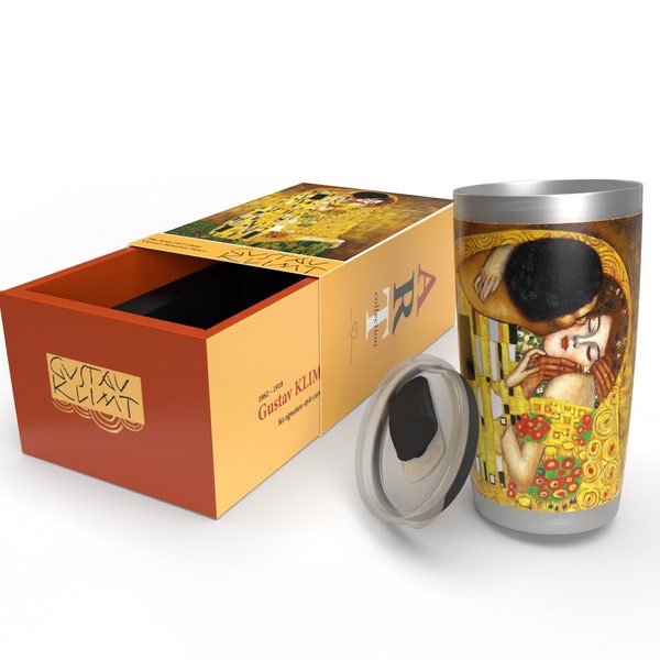 YETI Gobelet Rambler 20 oz dans une boîte cadeau, collection d'art Gustav Klimt KISS, impression d'art YETI de qualité supérieure, tasse de café et de vin de voyage, cadeau unique