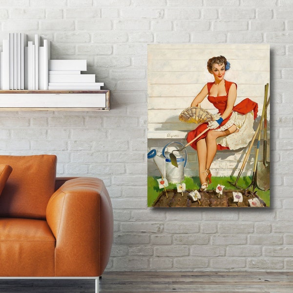 Vintage Pin Up Girls by Gil Elvgren Girl in the Garden, Extra Large Metal  Wall Art Print, Metal Poster, Retro Style Loft Living room Art
