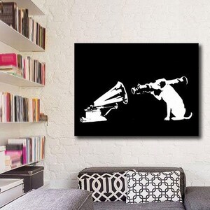 Banksy Gramophone Hund, Graffiti Street Art, Extra große Wand Kunst Metall Druck, Modern Grunge Stil Home Office Kinder Dekor