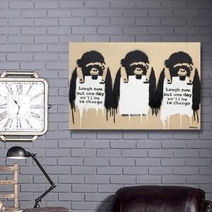 Banksy Graffiti Monkey Laugh Now, Graffiti Street Art, Extra Large Wall Art Metal Print, Grunge Style Art for Home Office Loft