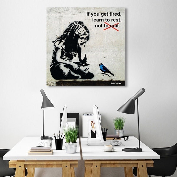 Banksy Graffiti Girl with Blue Bird, Motivational Metal Poster If you get tired, learn to rest, not to quit, Large Wall Art for Home, Office