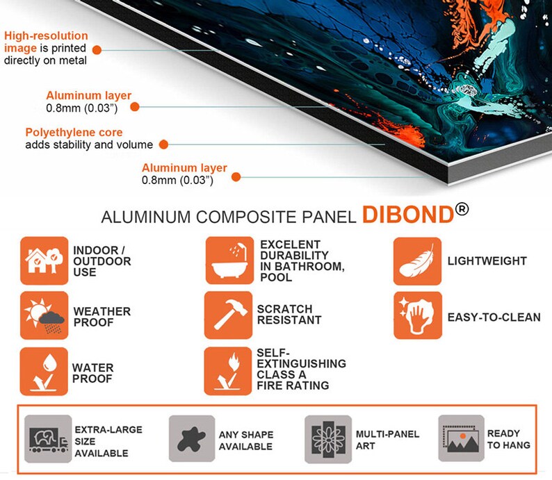 Puede incluir: Panel compuesto de aluminio con una imagen de alta resoluci&oacute;n impresa directamente sobre metal. El panel tiene una capa de aluminio de 0,8 mm y un n&uacute;cleo de polietileno. Adecuado para uso en interiores/exteriores, resistente a la intemperie y al agua, y f&aacute;cil de limpiar.