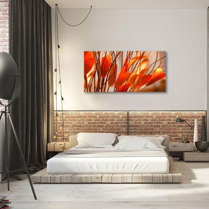 Oversized 24x48 Living room Office Photo on Metal Orange Leaves Flowers Extra Large Wall Metal Art Modern Floral Art for Bedroom