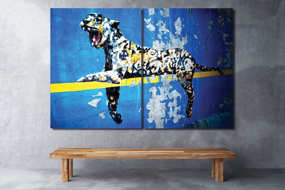 Banksy Bronx Zoo Leopard Blue Yellow Canvas Modern Home Art ~ 5 Size to Choose