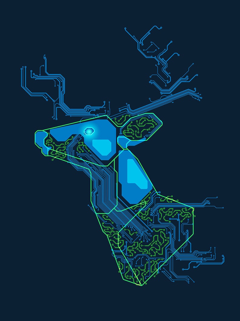 Extra Large Wall Metal Art Print Metal Poster Minimalism Digital Art Neon Deer Circuit Board Pattern