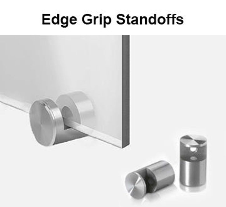 Puede incluir: La imagen muestra separadores Edge Grip. Estos separadores met&aacute;licos son cil&iacute;ndricos con una cabeza plana y circular. Uno est&aacute; fijado a un panel transparente, y otros dos est&aacute;n separados.