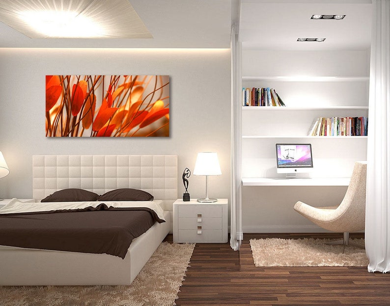 Oversized 24x48 Living room Office Photo on Metal Orange Leaves Flowers Extra Large Wall Metal Art Modern Floral Art for Bedroom