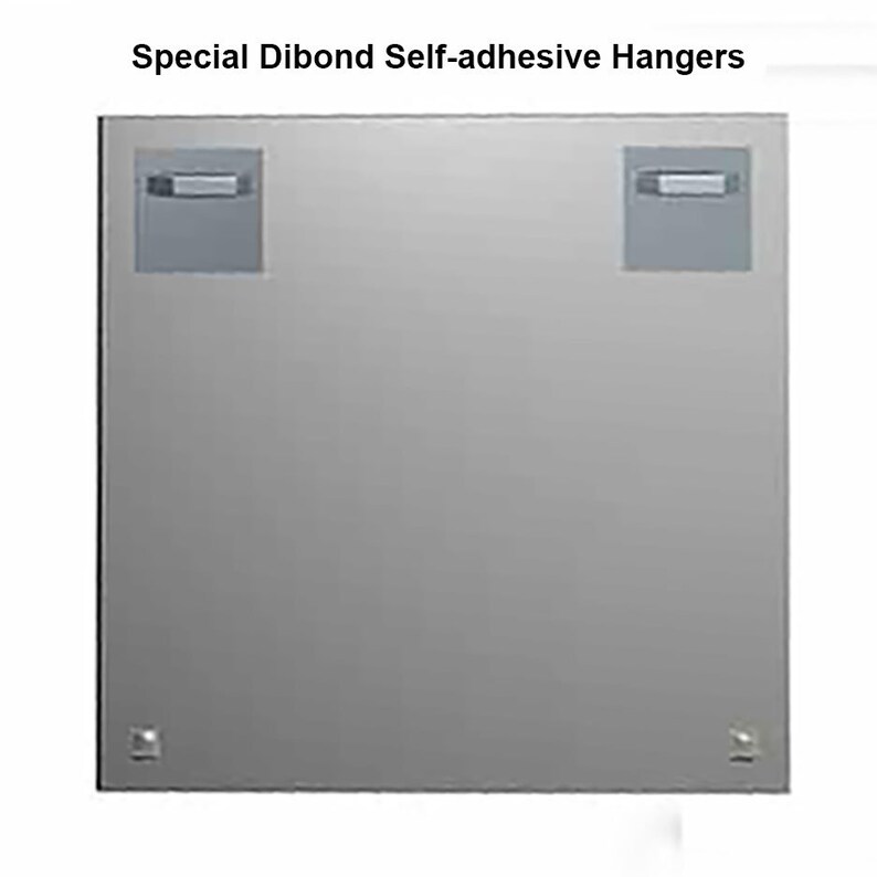 Puede incluir: Panel cuadrado plateado con el texto "Special Dibond Self-adhesive Hangers" en la parte superior. Presenta dos colgadores adhesivos rectangulares grises en la parte superior y dos peque&ntilde;as almohadillas adhesivas cuadradas en la parte inferior. Dise&ntilde;ado para colgar.