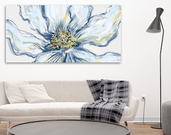 Arte digital abstracto de flor blanca, impresión de arte de metal de pared extra grande de 48x24, arte floral moderno para el hogar, dormitorio, sala de estar