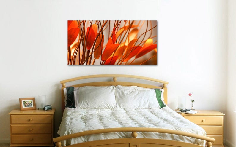 Oversized 24x48 Living room Office Photo on Metal Orange Leaves Flowers Extra Large Wall Metal Art Modern Floral Art for Bedroom