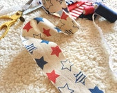 3m nautical ribbon with red and navy blue stars, linen ribbon, beige ribbon, nautical print ribbon, stars pattern ribbon, cardmaking ribbon