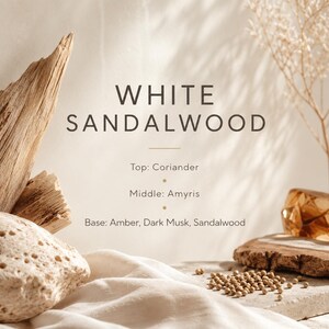 May include: A graphic display featuring the text WHITE SANDALWOOD with scent notes: Top: Coriander, Middle: Amyris, Base: Amber, Dark Musk, Sandalwood. The composition includes a piece of driftwood, a porous stone, and small round seeds.