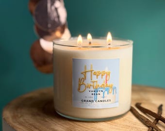 Happy Birthday Candle – Vanilla Cake Scent, Soy Wax, Clean Burning, Eco Friendly, Long Lasting Hand Poured Natural Wax Candle