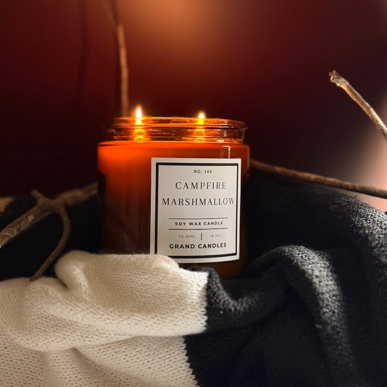 Campfire Marshmallow Soy Candle | Sweet Smoky Scent | Toasted Marshmallow Oak | Long Burning Non Toxic Candle | Hand Poured + Clean Burning