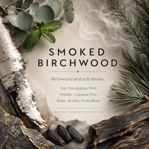 May include: A product label titled SMOKED BIRCHWOOD with the text Birchwood and soft smoke. It lists scent notes: Top: Eucalyptus, Mint; Middle: Cypress, Pine; Base: Smoke, Tonka Bean. The label is surrounded by birch bark, mint leaves, pine needles, and tonka beans.