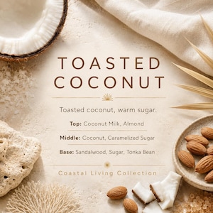 Op de afbeelding: Een productlabel voor Toasted Coconut met tekst over de geurnoten: Top: Kokosmelk, Amandel; Middle: Kokosnoot, Gekarameliseerde suiker; Base: Sandelhout, Suiker, Tonkaboon. Het ontwerp bevat afbeeldingen van kokosnoot, amandelen en koraal.