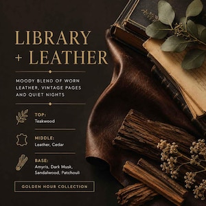May include: A product label titled Library + Leather featuring a moody blend of worn leather, vintage pages, and quiet nights. The text lists scent notes including teakwood, leather, cedar, amyris, dark musk, sandalwood, and patchouli.
