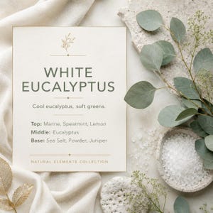 Puede incluir: Una tarjeta rectangular con el texto WHITE EUCALYPTUS, Cool eucalyptus, soft greens, y notas aromáticas que incluyen Marine, Spearmint, Lemon, Eucalyptus, Sea Salt, Powder y Juniper, de la NATURAL ELEMENTS COLLECTION.