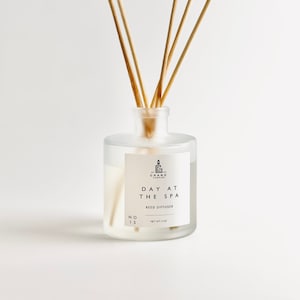 May include: A clear glass bottle with a white label that reads "Day at the Spa Reed Diffuser" and "Net Wt 4 oz". The bottle has a wooden cap and is filled with a clear liquid.  There are wooden sticks in the bottle.