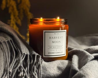 Harvest Moon Soy Candle – Warm Amber, Pumpkin & Spice – Clean Burning, Eco Friendly, Long Lasting Hand Poured Natural Wax Candle