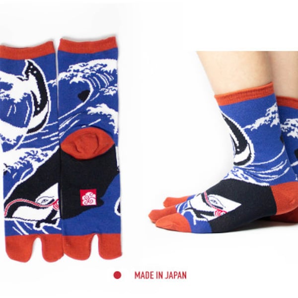 Japanese Ukiyoe Design Whale High Quality Tabi Socks / Unisex 2 Toe Socks / Japanese style men's women’s Split-Toe tabi mid calf socks