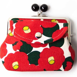 Porta-moedas com estampa de camélia e fecho duplo com bolso externo / Carteira com bolsos duplos / Carteira com padrão japonês / Porta-moedas fofo para presente