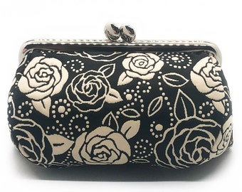 Rose Weaved Metal Clasp Pouch / Kiss Lock Makeup Pouch / Japanese Pattern Cute Makeup Bags / Japanese Bag / Tarot Bag / Gift for her