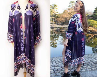 Floral Fringe Kimono  / Bohemian Short Kimono / Boho Kimono Robe Women / Japanese fashion / Holiday Look / Festival Party / Gift for her