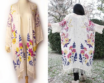 Floral Fransen Kimono / Boho Kurz Kimono / Boho Kimono Robe Frauen / Japanische Mode / Urlaubs Look / Festival Party / Geschenk für Sie