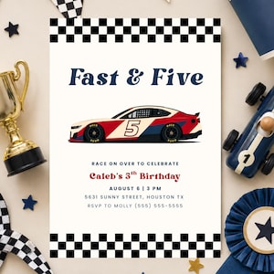 May include: A rectangular birthday invitation card featuring a black and white checkered border, a red, white, and blue race car with the number 5, and the text Fast & Five, Caleb's 5th Birthday, August 6, 3 PM, 5631 Sunny Street, Houston TX, RSVP to Molly (555) 555-5555.