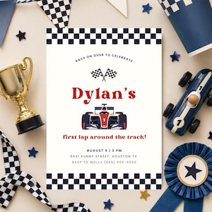 Retro F1 Race Car Birthday Invitation, Vintage Formula One First Lap Template (Digital Download)