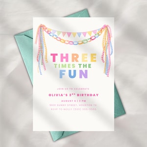 May include: A birthday invitation with the text "THREE TIMES THE FUN" in colourful letters. The invitation includes details for Olivia's 3rd birthday, with a banner of colourful flags and ribbons. The invitation is on a white background.