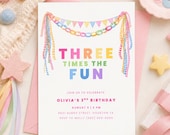 Three Times The Fun Birthday Invitation Template, Colorful Party Banner 3rd Birthday Invite, Editable Canva Template, Printable Digital