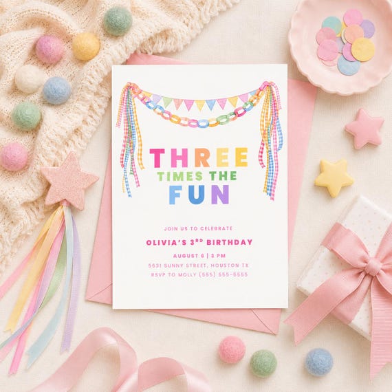 Three Times the Fun Birthday Invitation Template, 3rd Birthday Party Invite, Editable Canva Kids Birthday Invitation, Instant Download