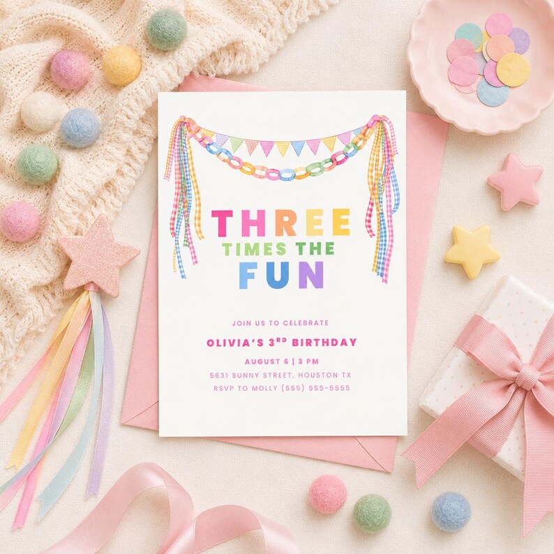 May include: A birthday invitation with the text "THREE TIMES THE FUN" in colourful letters. The invitation includes details for Olivia's 3rd birthday, with decorative ribbons and a star wand.