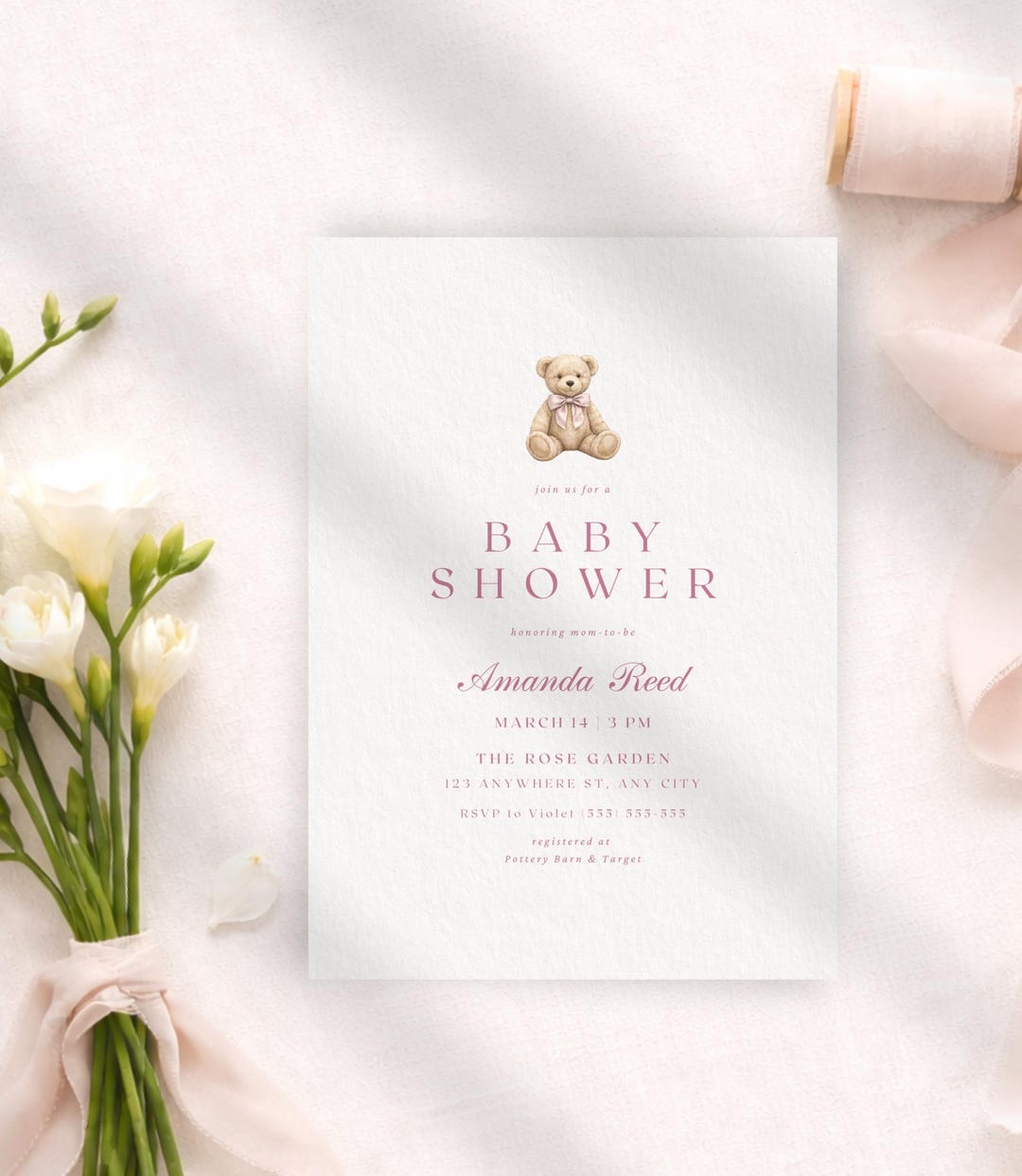 Pink Teddy Bear Baby Shower Invitation Template, Baby Girl Shower ...