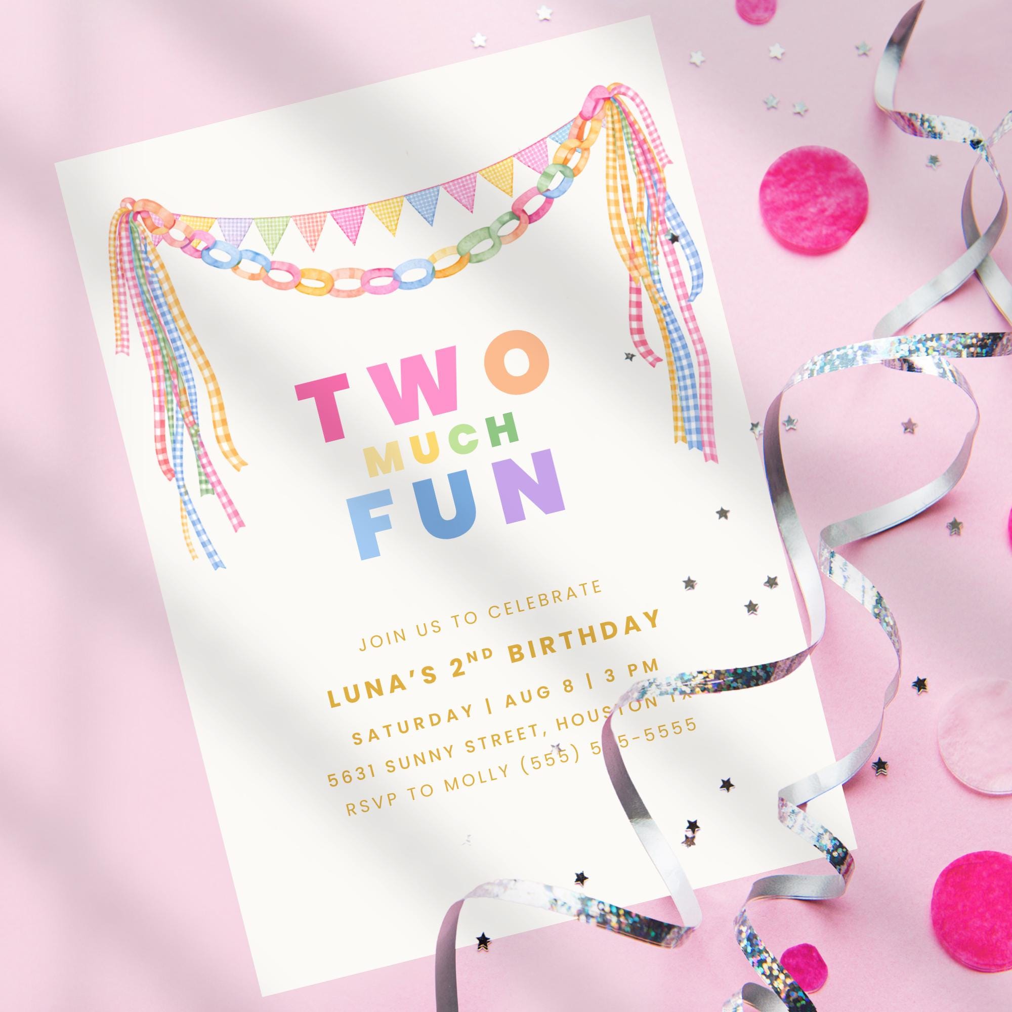 Two Birthday Invite Two Much Fun Birthday Invitation Template, Colorful Party Banner 2nd ...