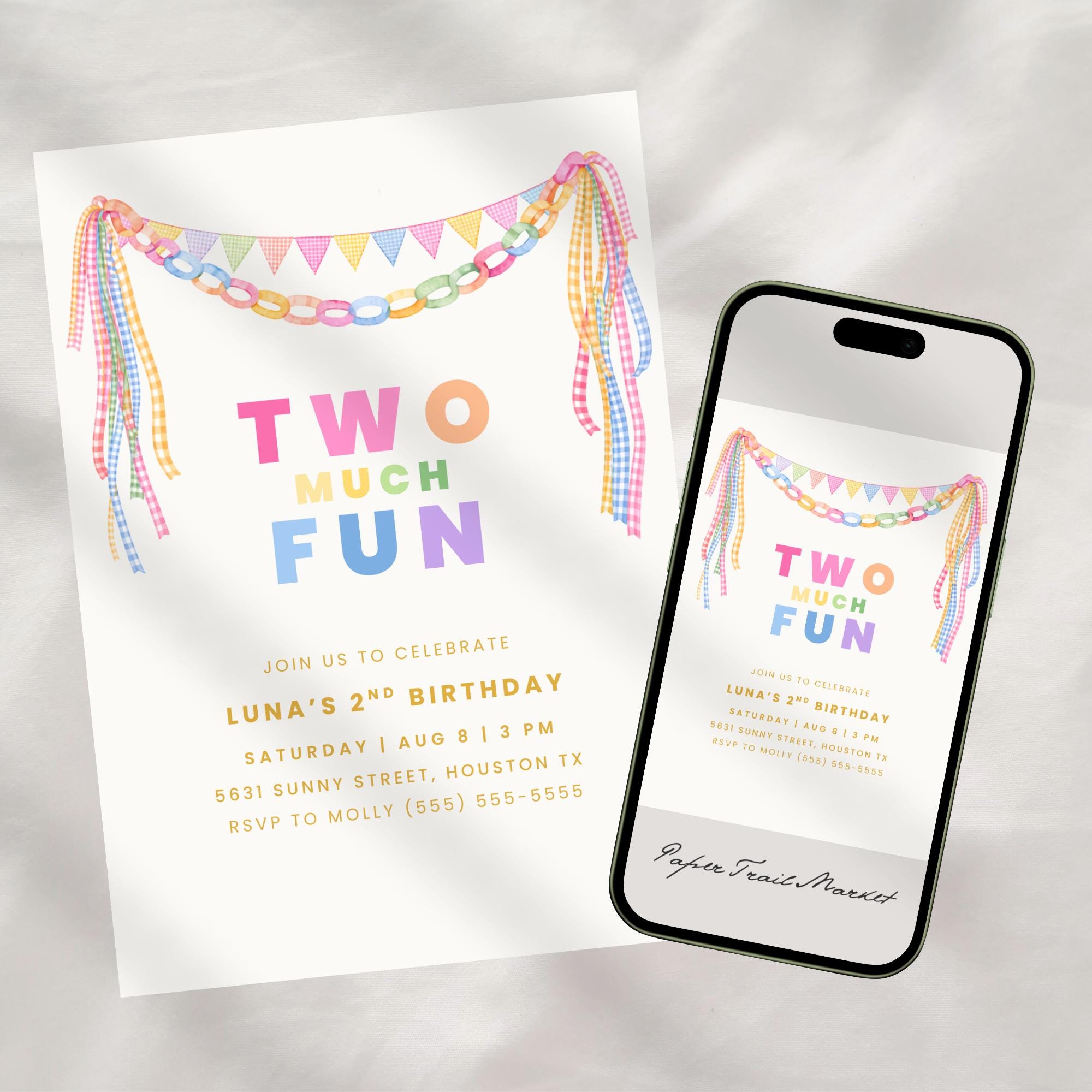 Two Birthday Invite Two Much Fun Birthday Invitation Template, Colorful Party Banner 2nd ...