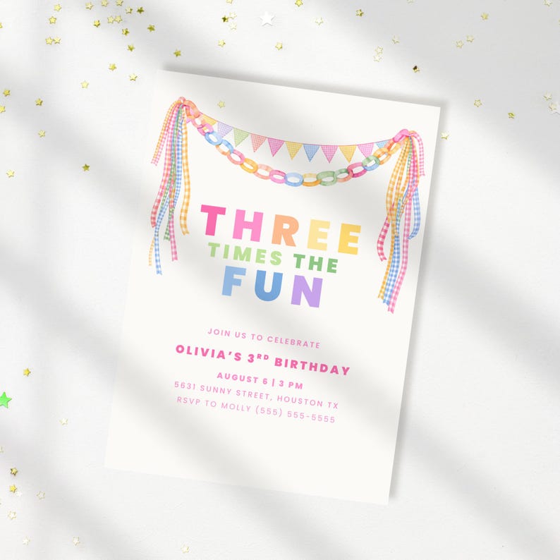 May include: A white birthday invitation card with the words "THREE TIMES THE FUN" in bright colours. The card has a decorative banner and ribbons. The text "Olivia's 3rd Birthday" is also included.