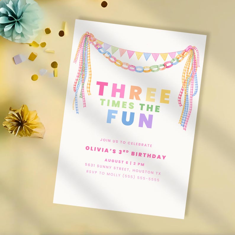 May include: A birthday party invitation with the text "THREE TIMES THE FUN" in pink, yellow, and blue. The invitation includes details for Olivia's 3rd birthday, with a colorful banner and ribbons. Confetti and decorations are scattered around.